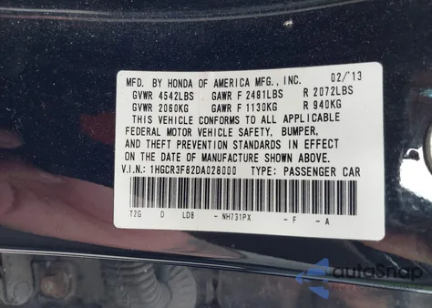 2013 Honda Accord Ex-L V-6 из США, поврежденный, VIN 1HGCR3F82DA028000